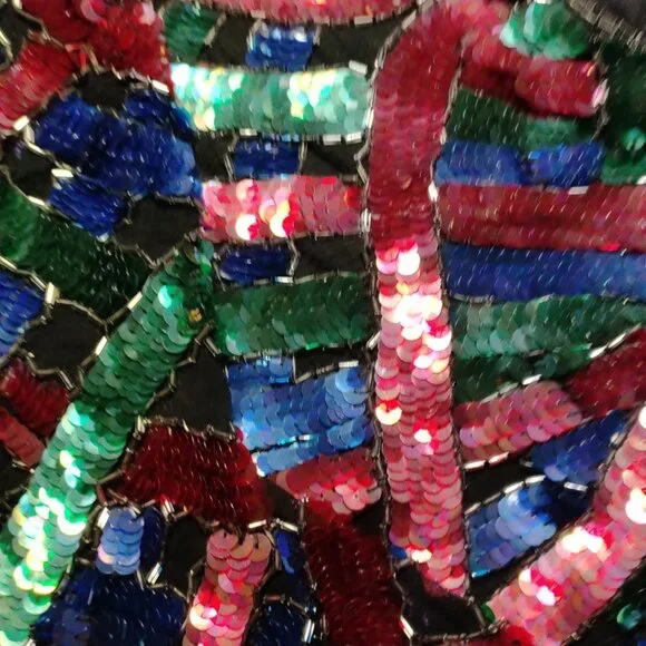 Lord & Taylor Vintage Sequin Top Blue, Red, Green, Silver, on Black silk, M - Picture 6 of 7